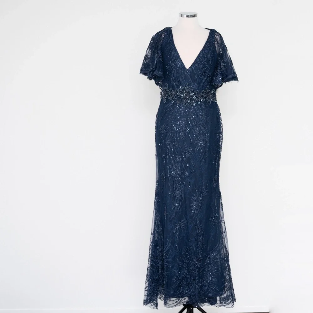 Mac Duggal Navy Embellished Evening Gown